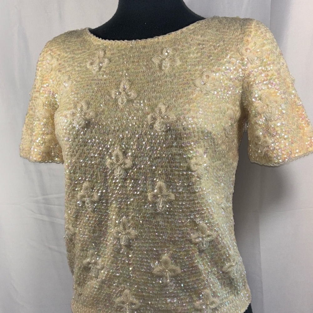 Cream Sequin Embellished Blouse Vintage 1960’s Hong Kong Beaded